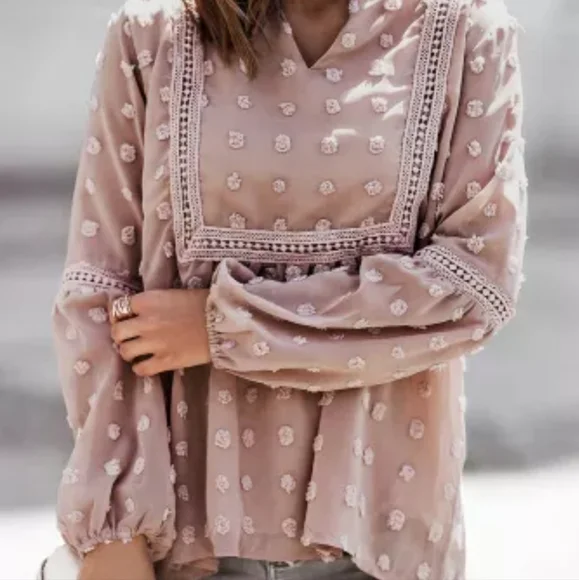 β€οΈπHPπNew Ruffled Swiss Dot Split Neck Ruffle Babydoll Blouse - Picture 3 of 16